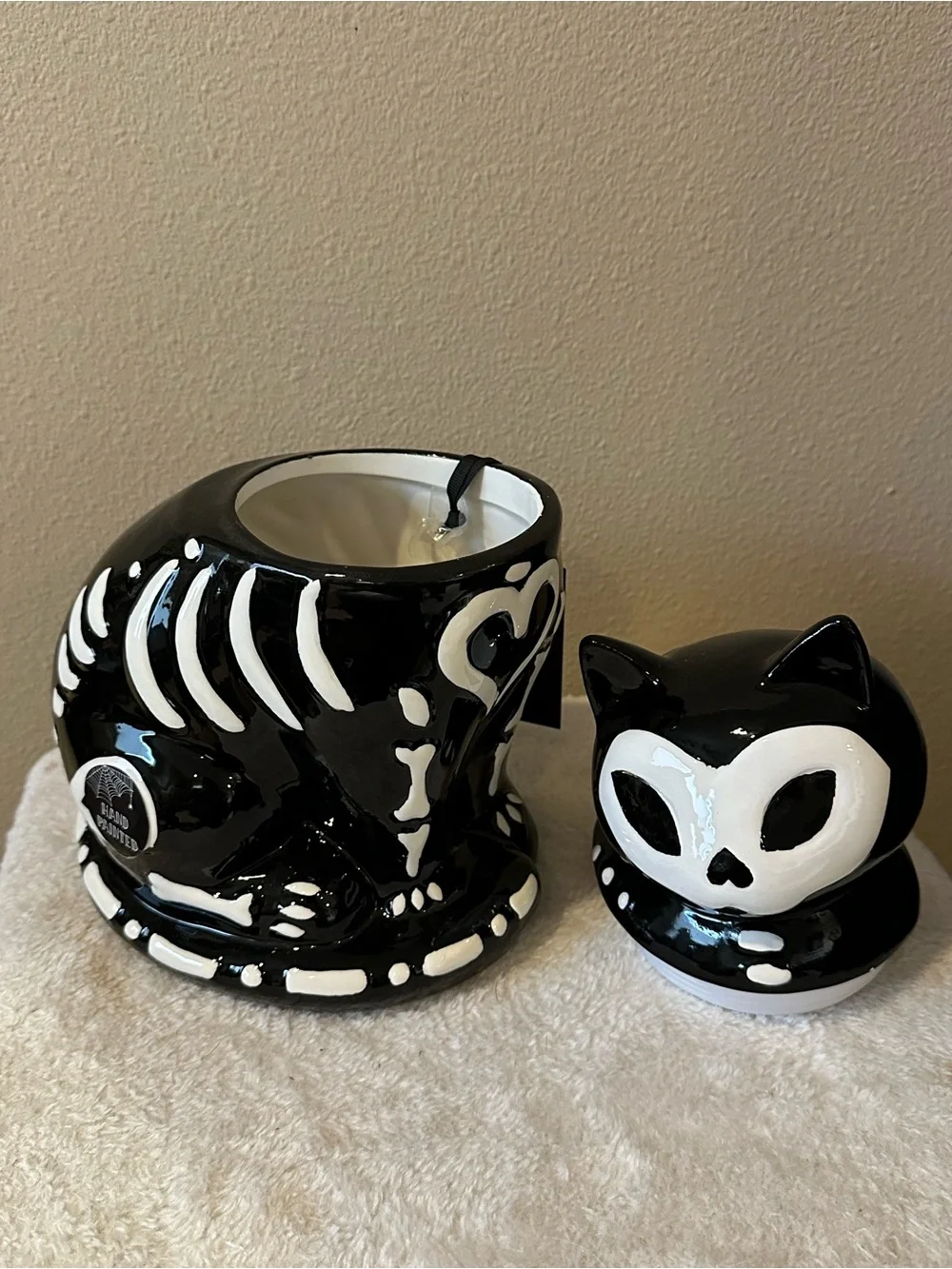 Black & White Skeleton Cat Ceramic Figurine